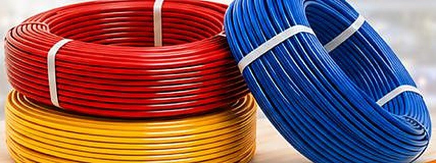 Coils of red, yellow and blue Elcab wire